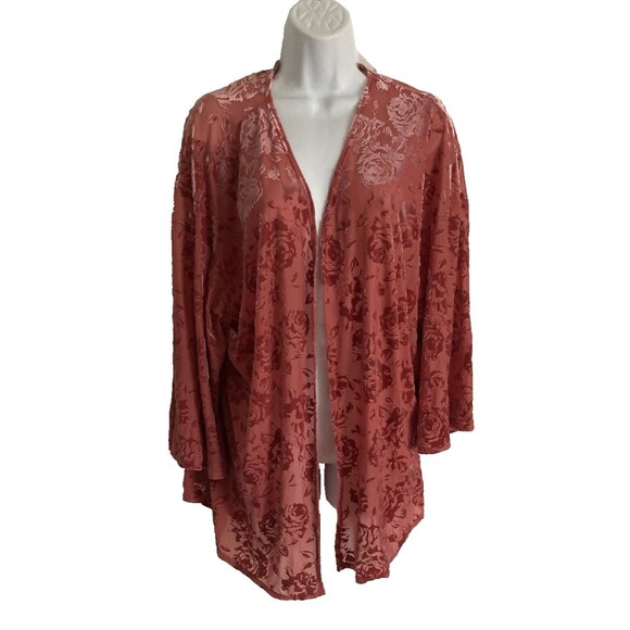Thyme & Honey Open Front Cardigan Size L Pink Floral Sheer Velour Bell Sleeves - Picture 1 of 10